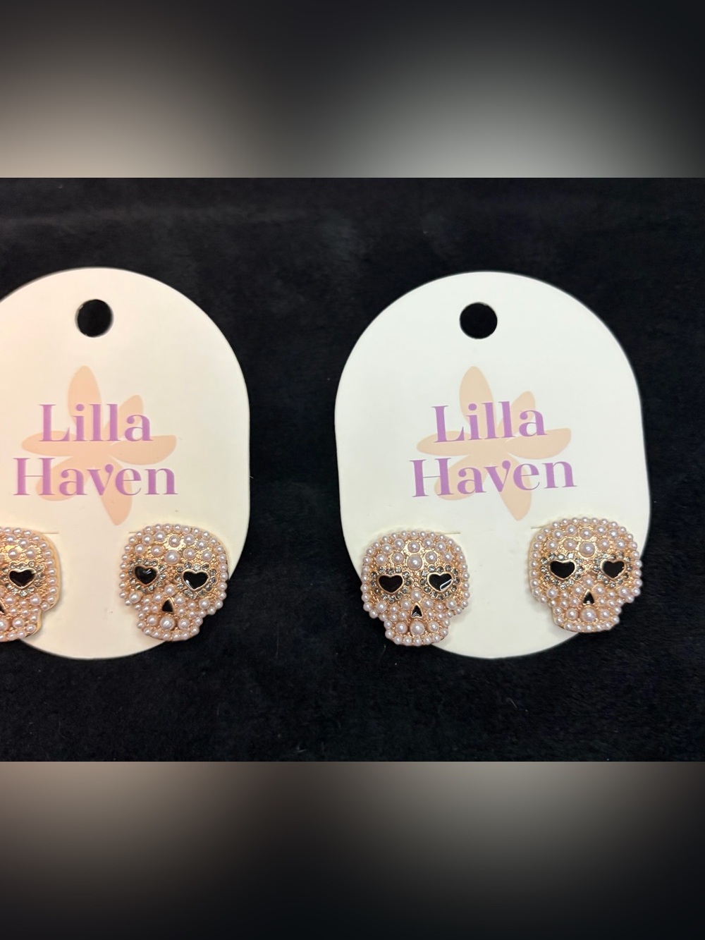 Apricot Lane Gold & White Pearl Skull Stud Earrings